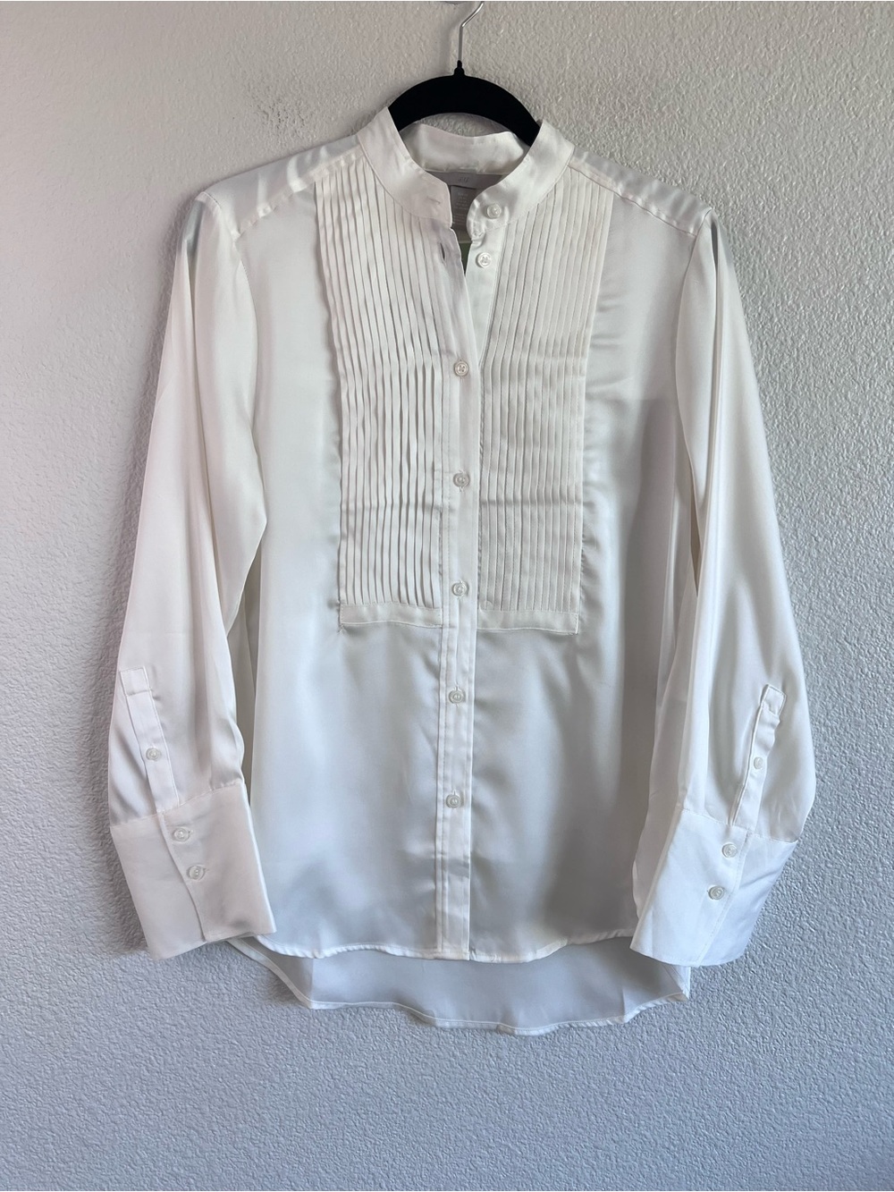 NWT H&M Womens Polyester Bib Front Poplin Tuxedo Shirt White Long Sleeve Pintuck